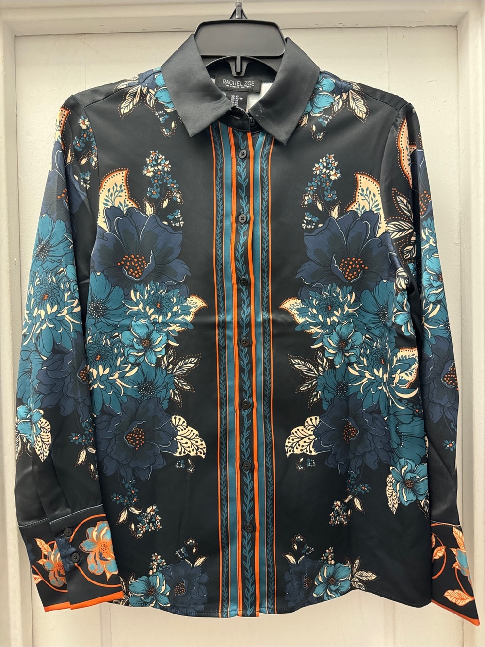 Rachel Zoe Black Floral Button-Down Shirt with Teal & Orange